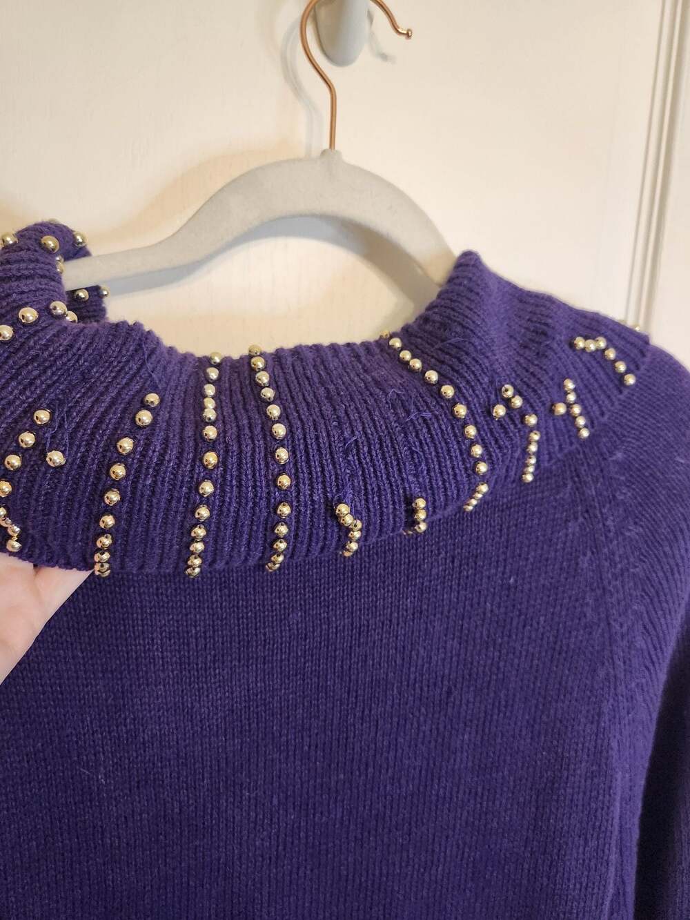 90s Y2K Vintage Purple Beaded Cowl Neck Tunic Sweater - Picture 8 of 14